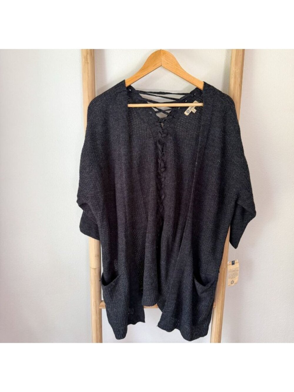 NWT Democracy Black Open Knit Lace Up Cardigan Sweater Large